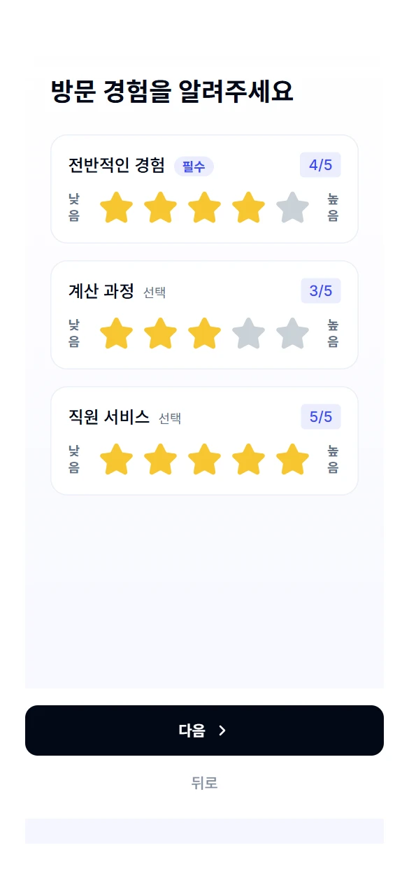 Current Korean customer form: overall experience 4 out of 5, checkout 3 out of 5, store team 5 out of 5.