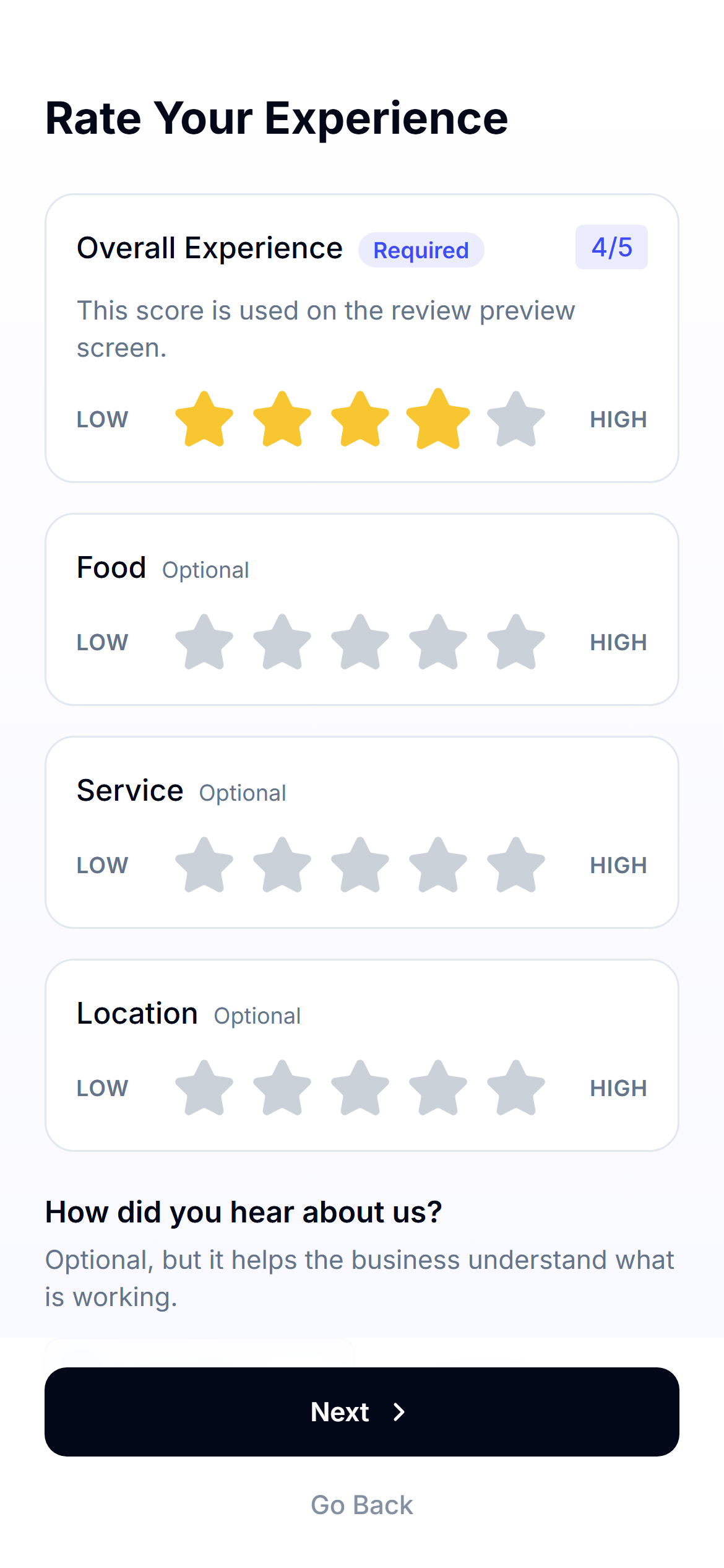 Mobile view of the Good Signal customer rating flow